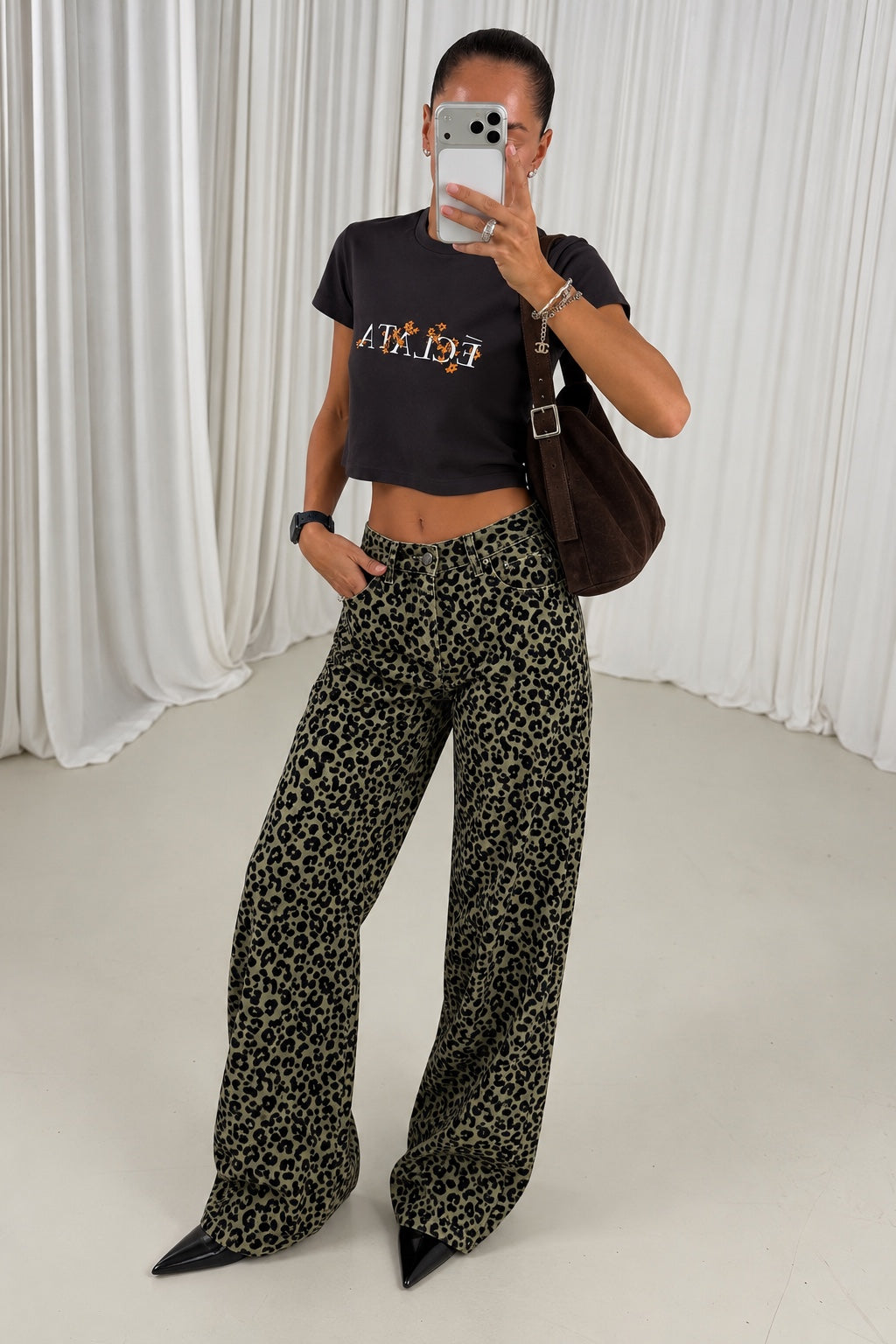 Green leopard print wide leg jeans casual styling