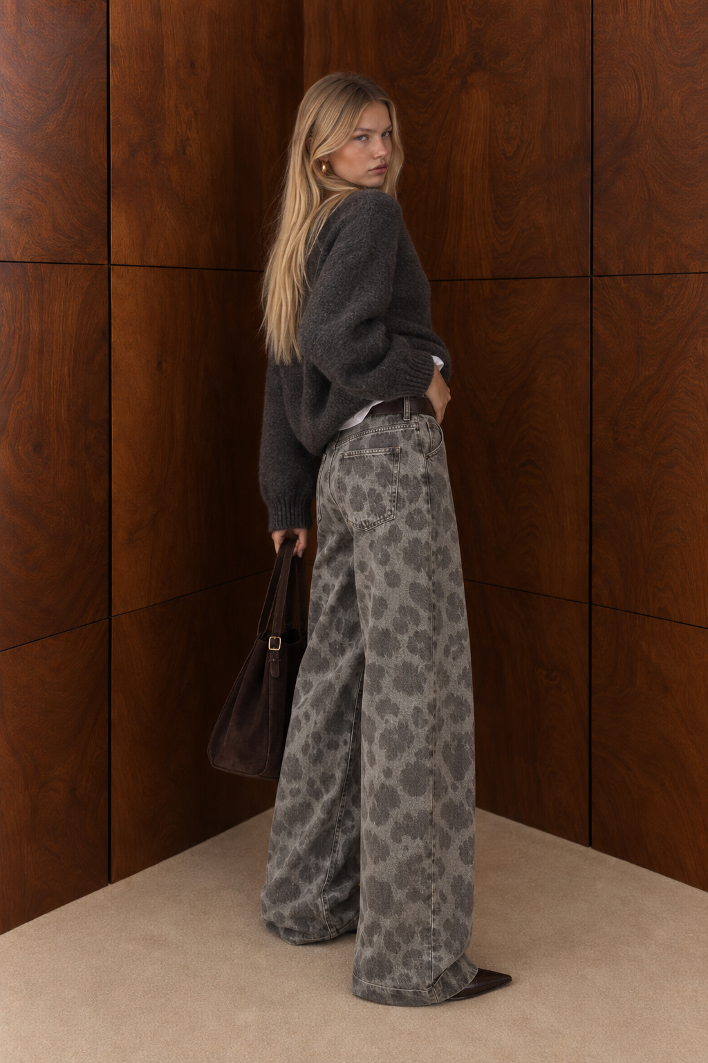 Grey leopard print wide-leg jeans back view editorial