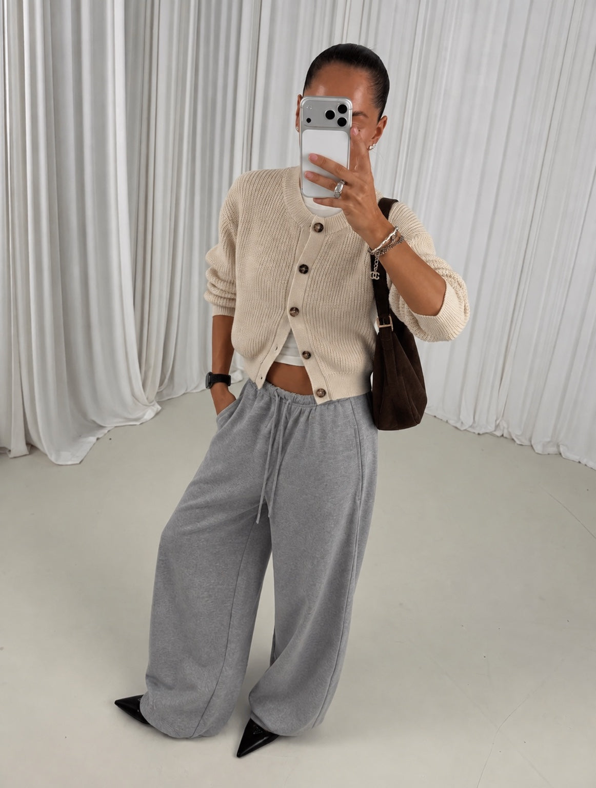 Vanilla cotton knit cardigan styled look