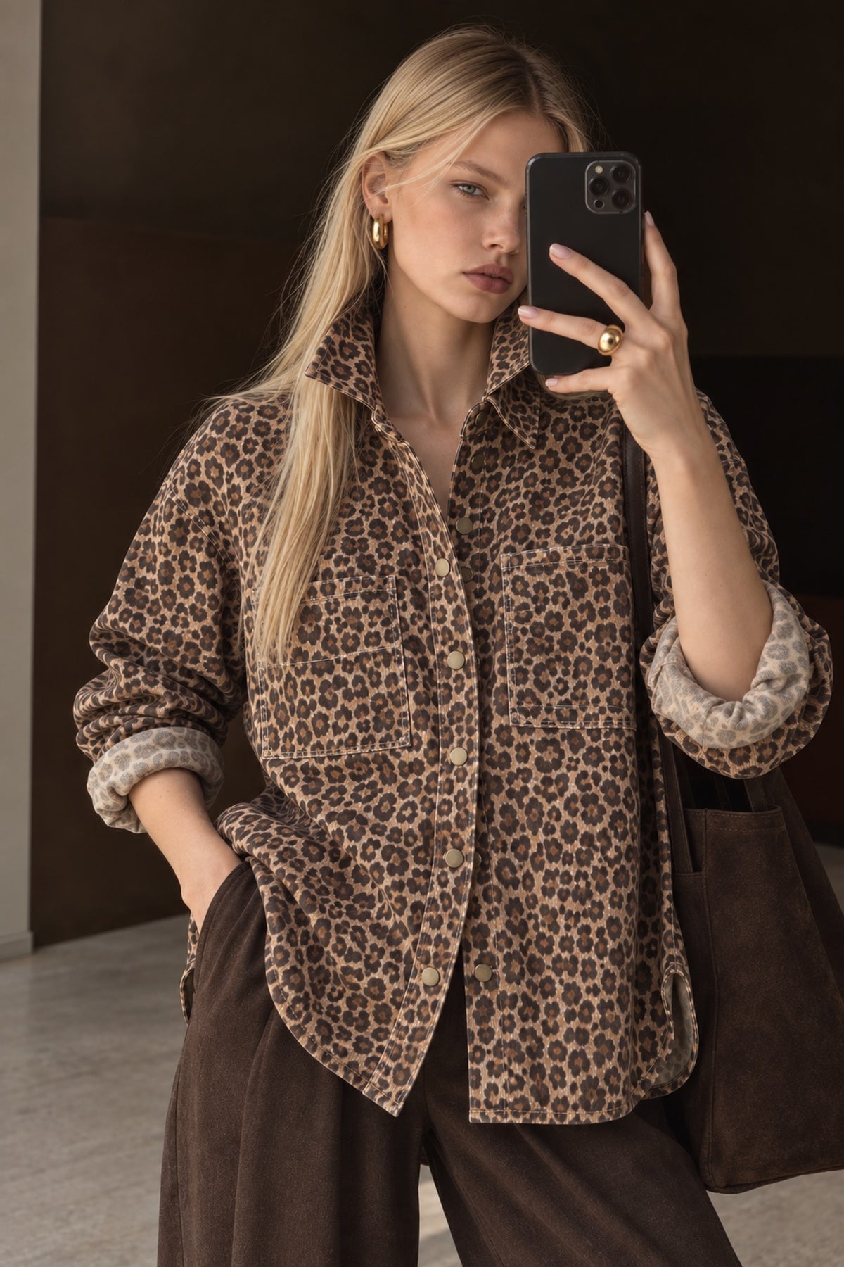 Leopard Print Oversized Denim Shirt