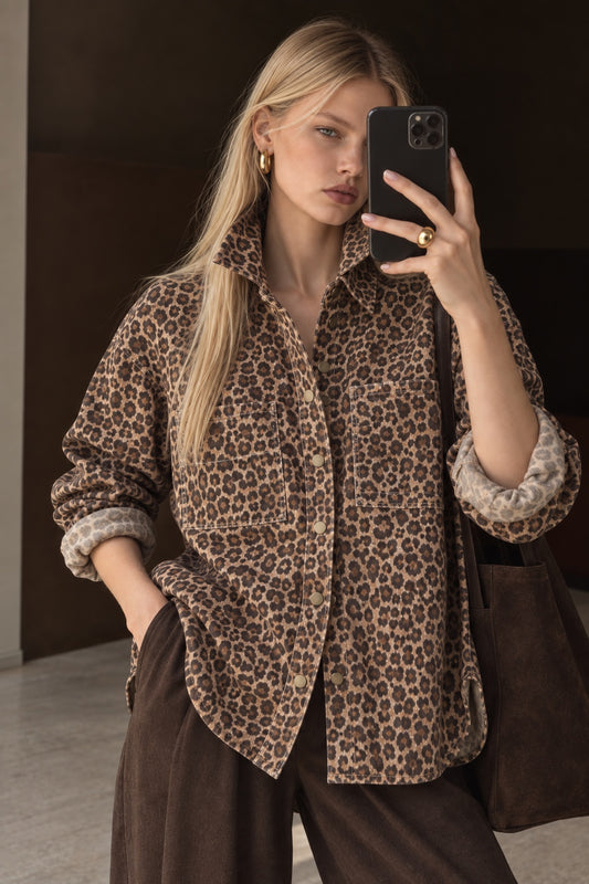 Leopard Print Oversized Denim Shirt