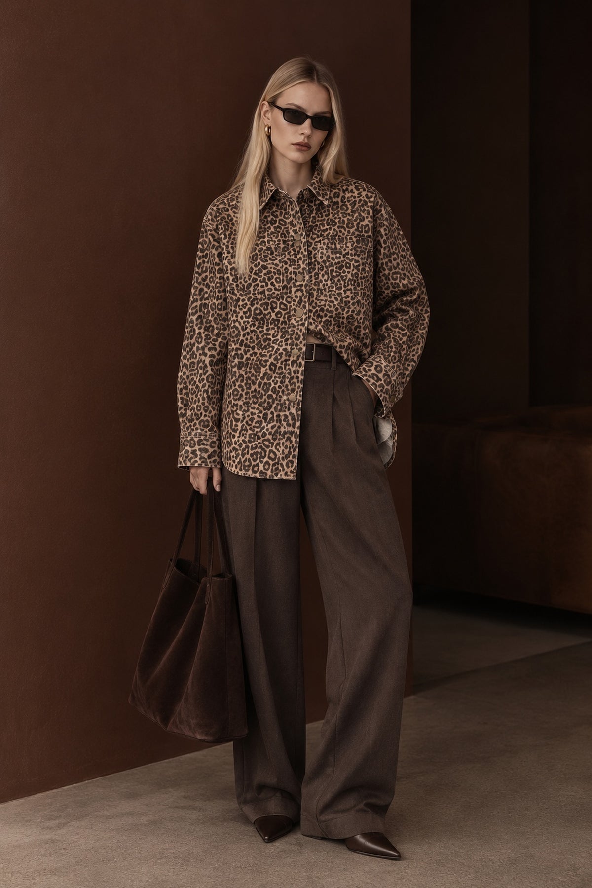 Leopard Print Oversized Denim Shirt