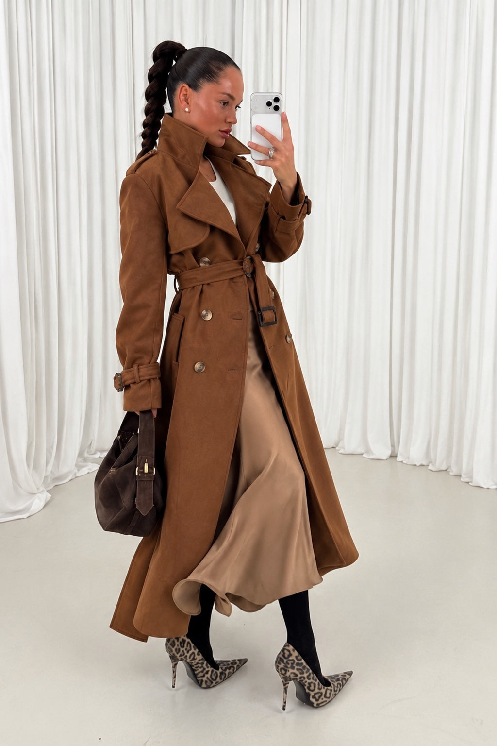 Sienna Longline Trench Coat styled with skirt