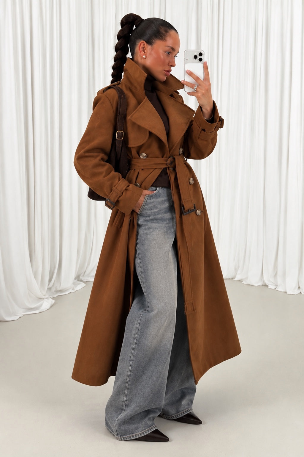 Sienna Longline Trench Coat with grey denim