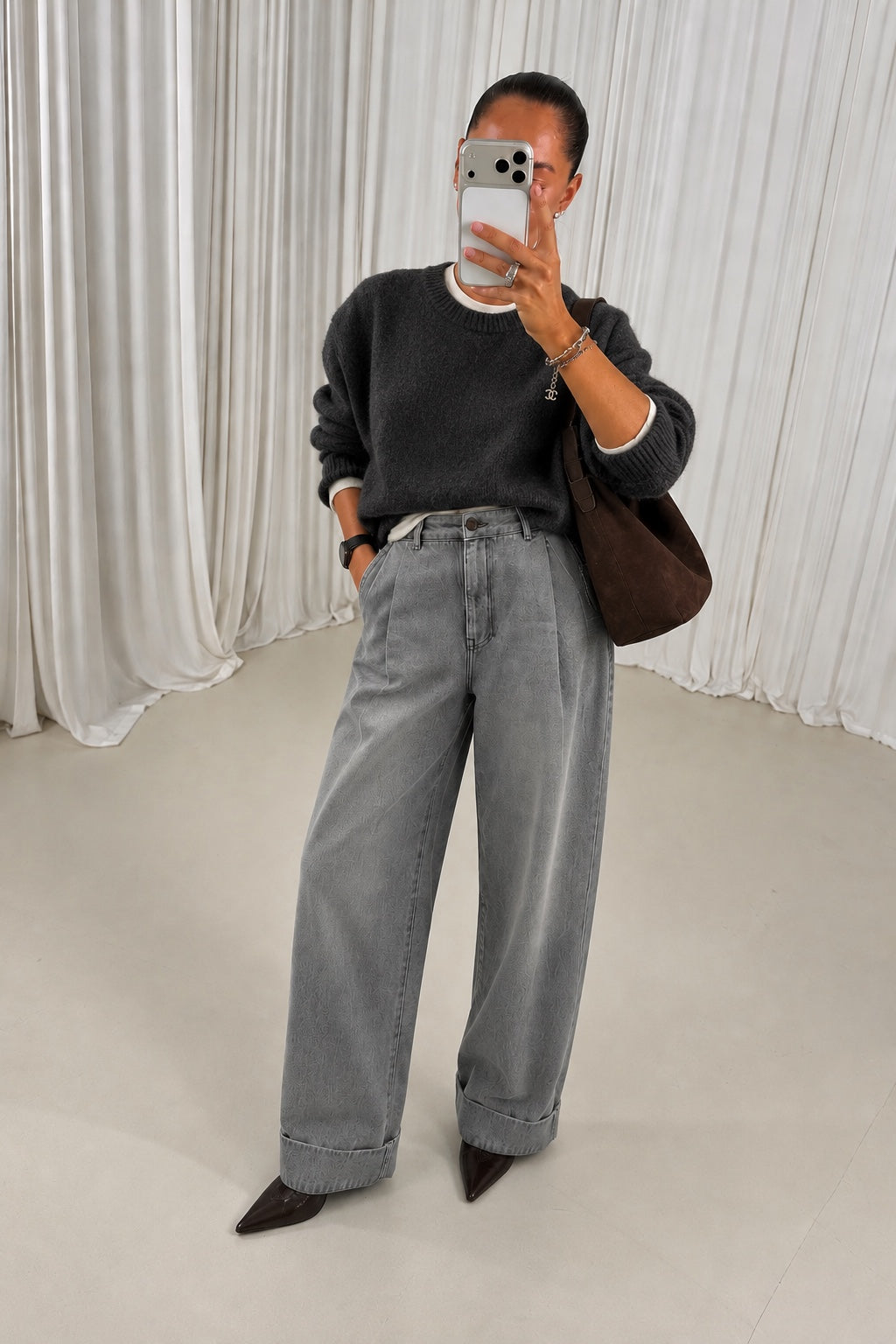 Clever Jean Washed Grey styled with charcoal knit