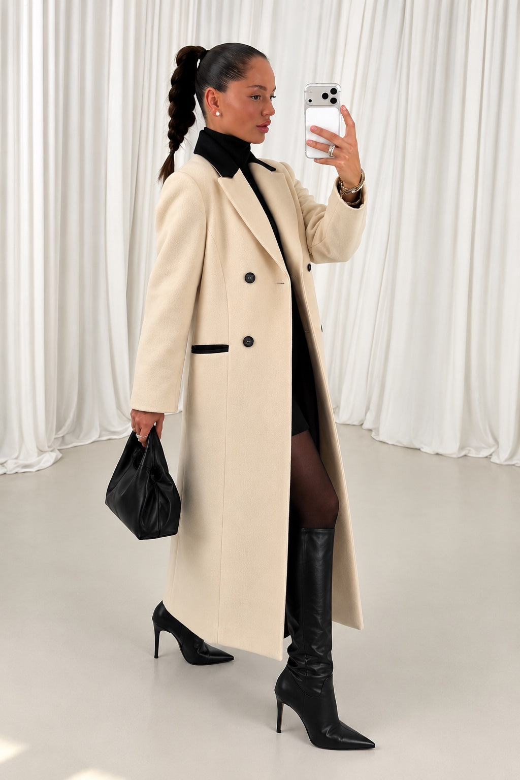 Cream wool blend long coat