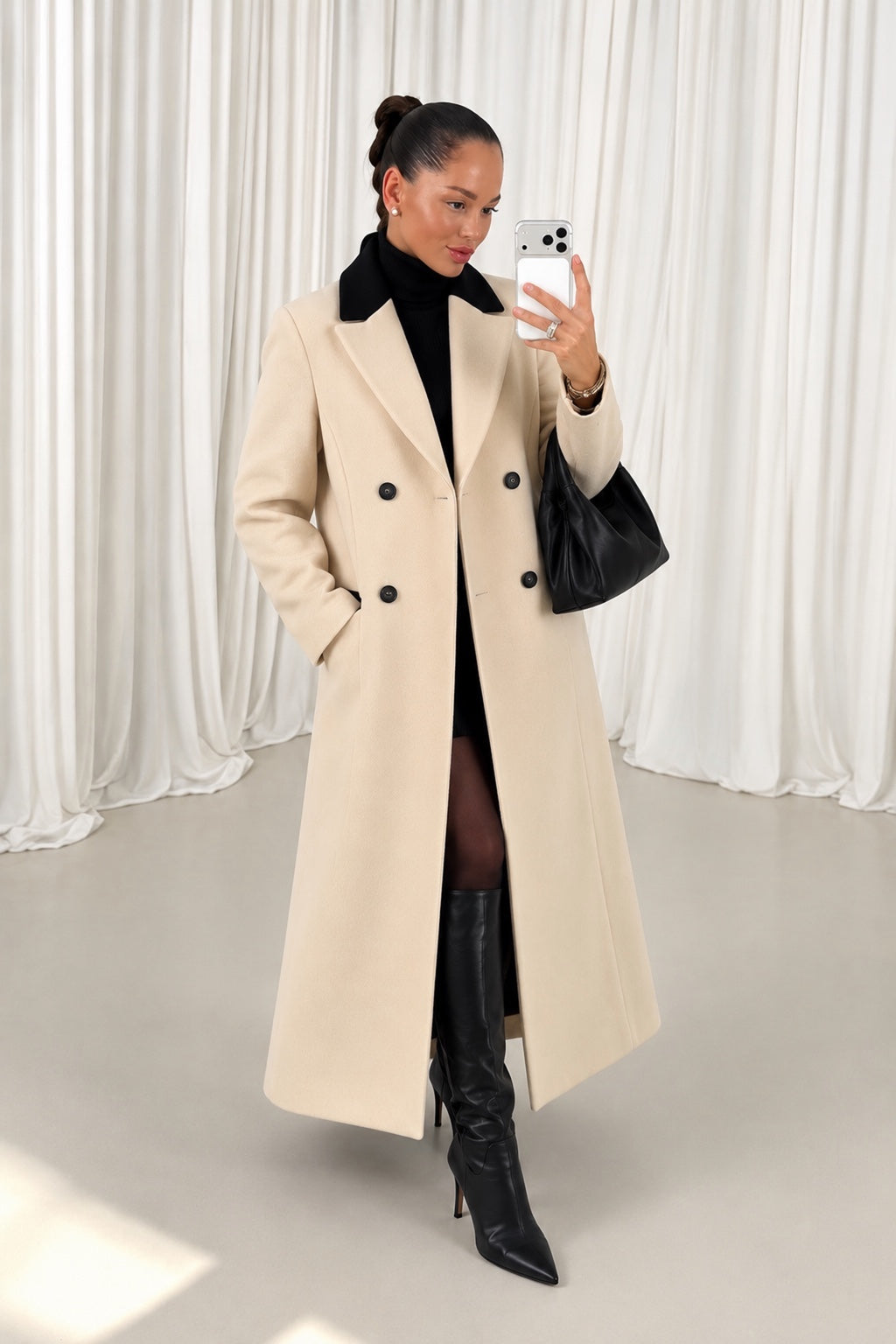 Cream wool blend long coat