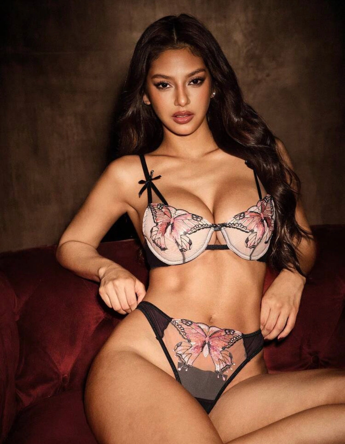 DRESDEN butterfly embroidered lingerie set seated pose