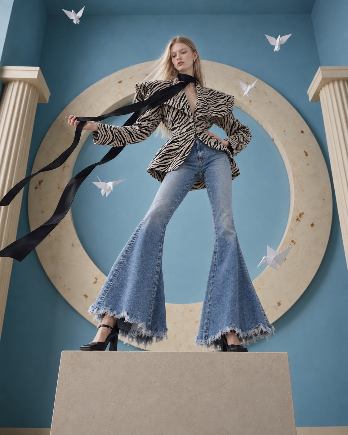 We The Free Emre Low-Rise Flare Jeans in Poppy Blue - editorial front look