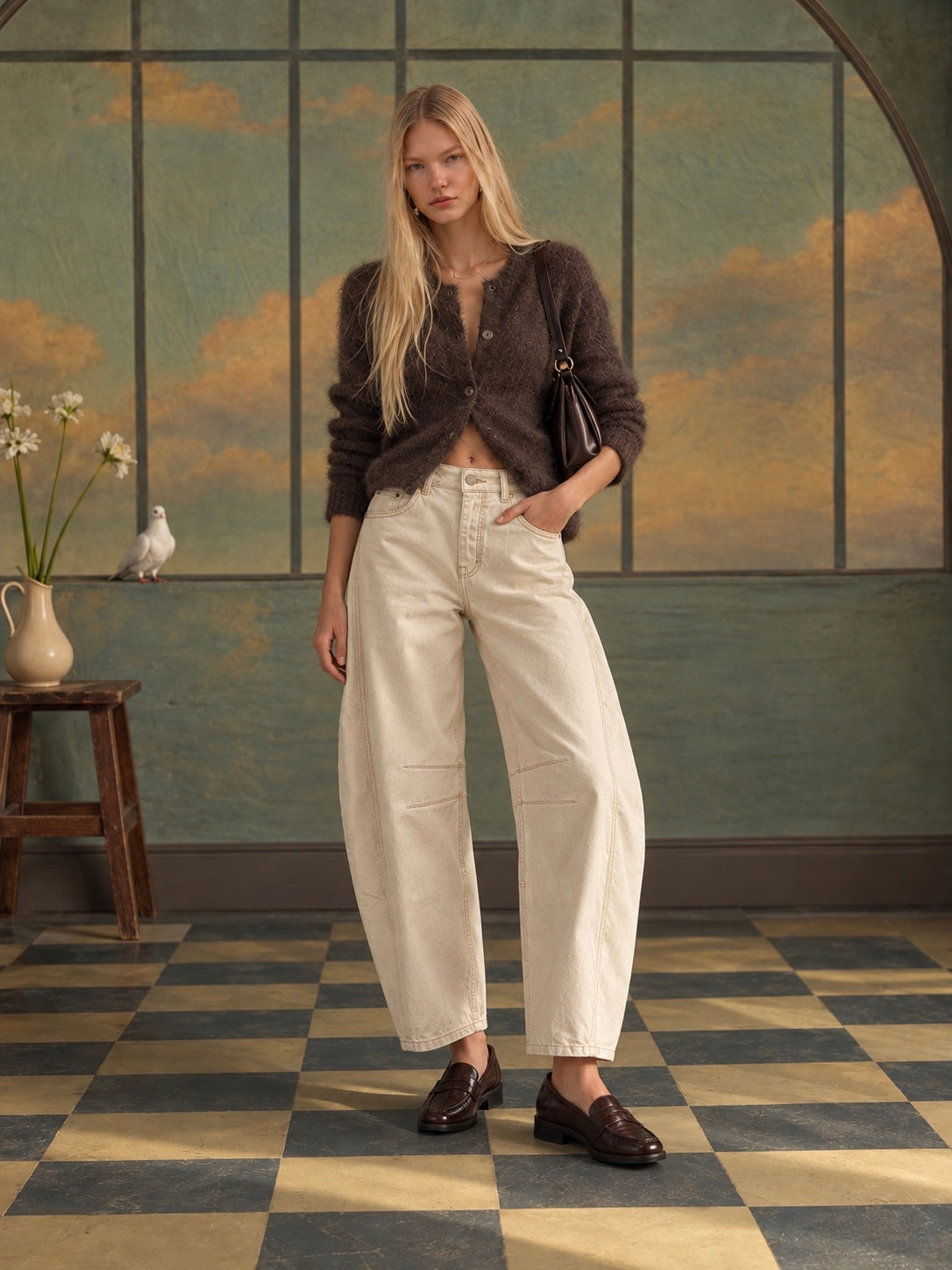 We The Free Good Luck Mid-Rise Barrel Jeans in Milk - full front look
