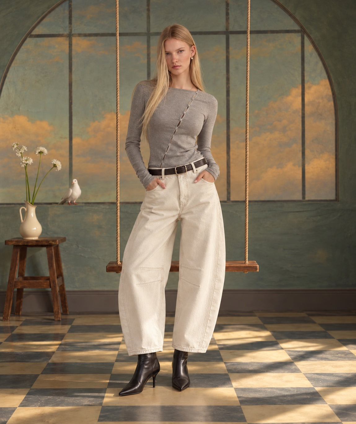 We The Free Good Luck Mid-Rise Barrel Jeans in Milk - heeled styling