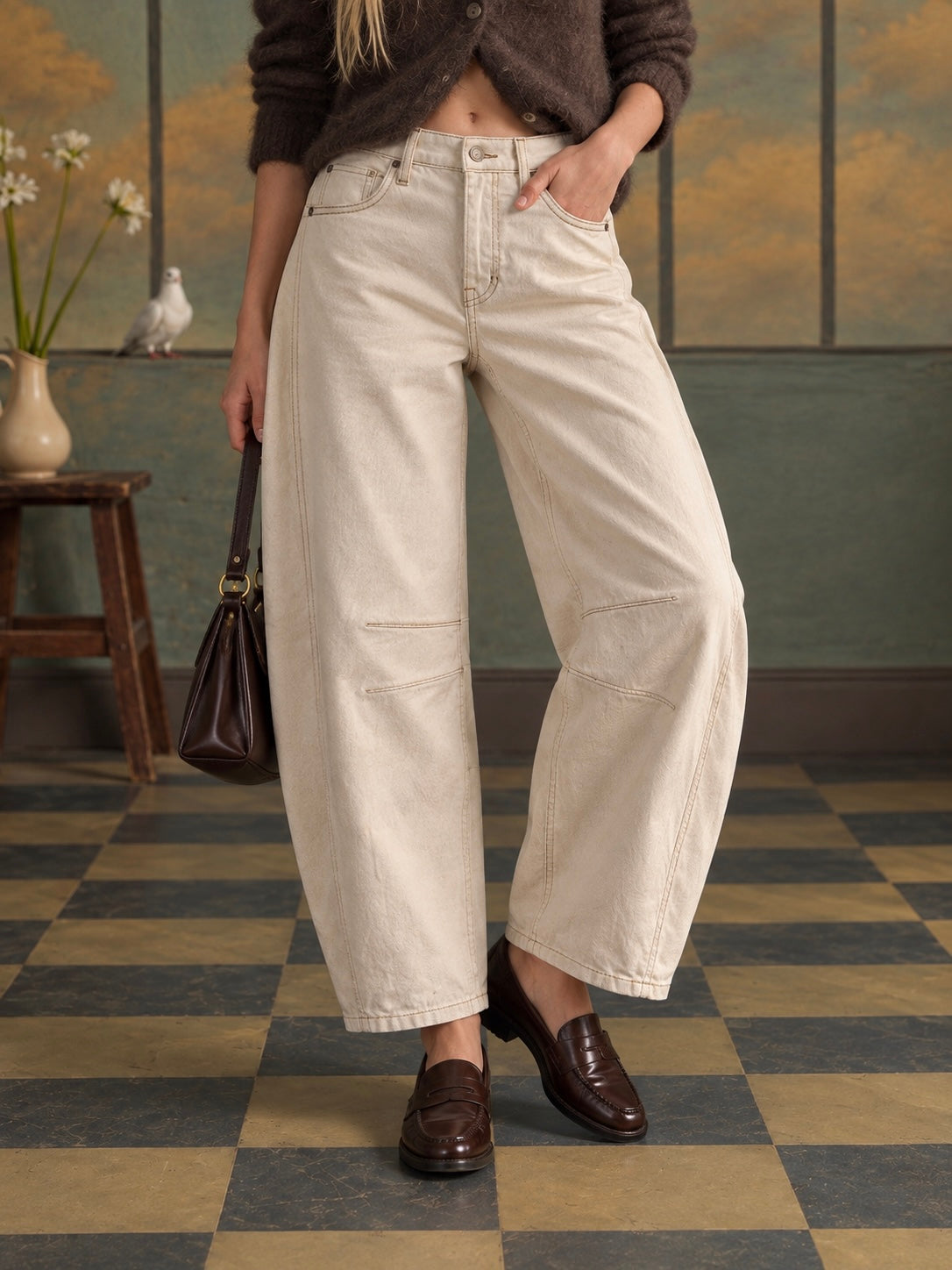 We The Free Good Luck Mid-Rise Barrel Jeans in Milk - front detail