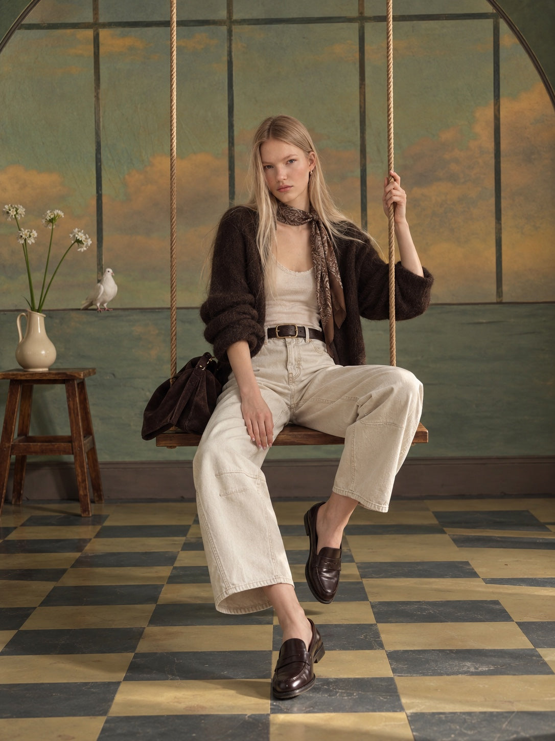 We The Free Good Luck Mid-Rise Barrel Jeans in Milk - seated editorial look