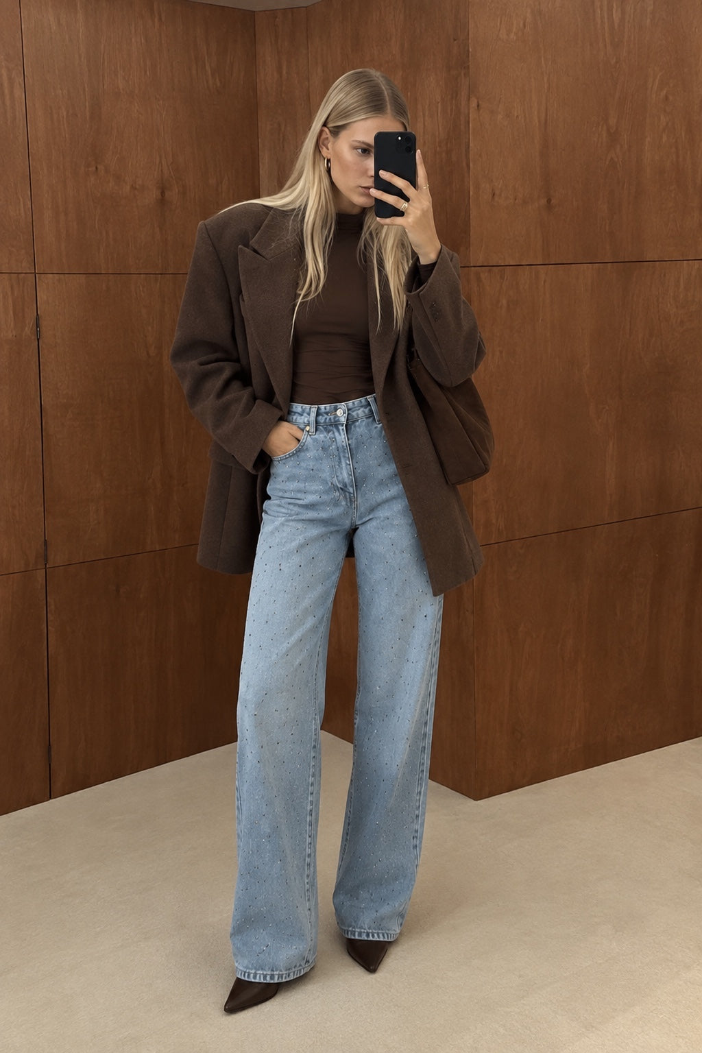 Light wash crystal embellished wide-leg jeans front view