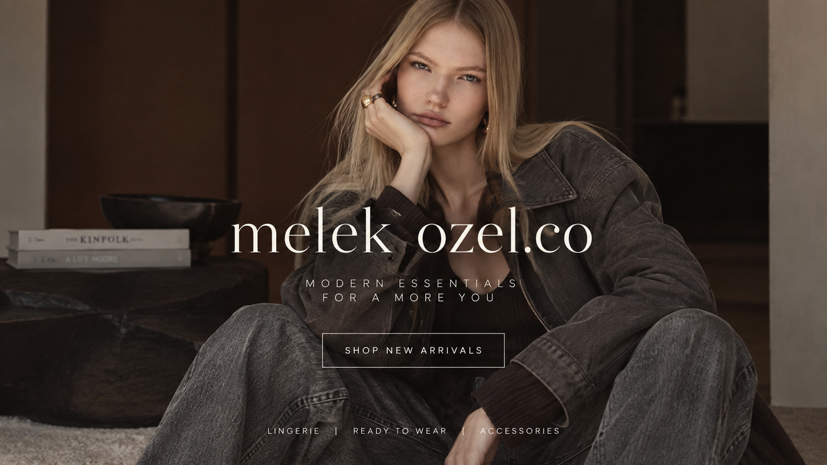 Melek Ozel editorial homepage hero featuring a blonde model in dark denim outerwear