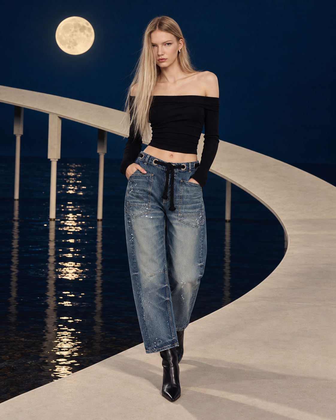 Moxie Low Slung Pull Jeans in Timeless Blue - front editorial view