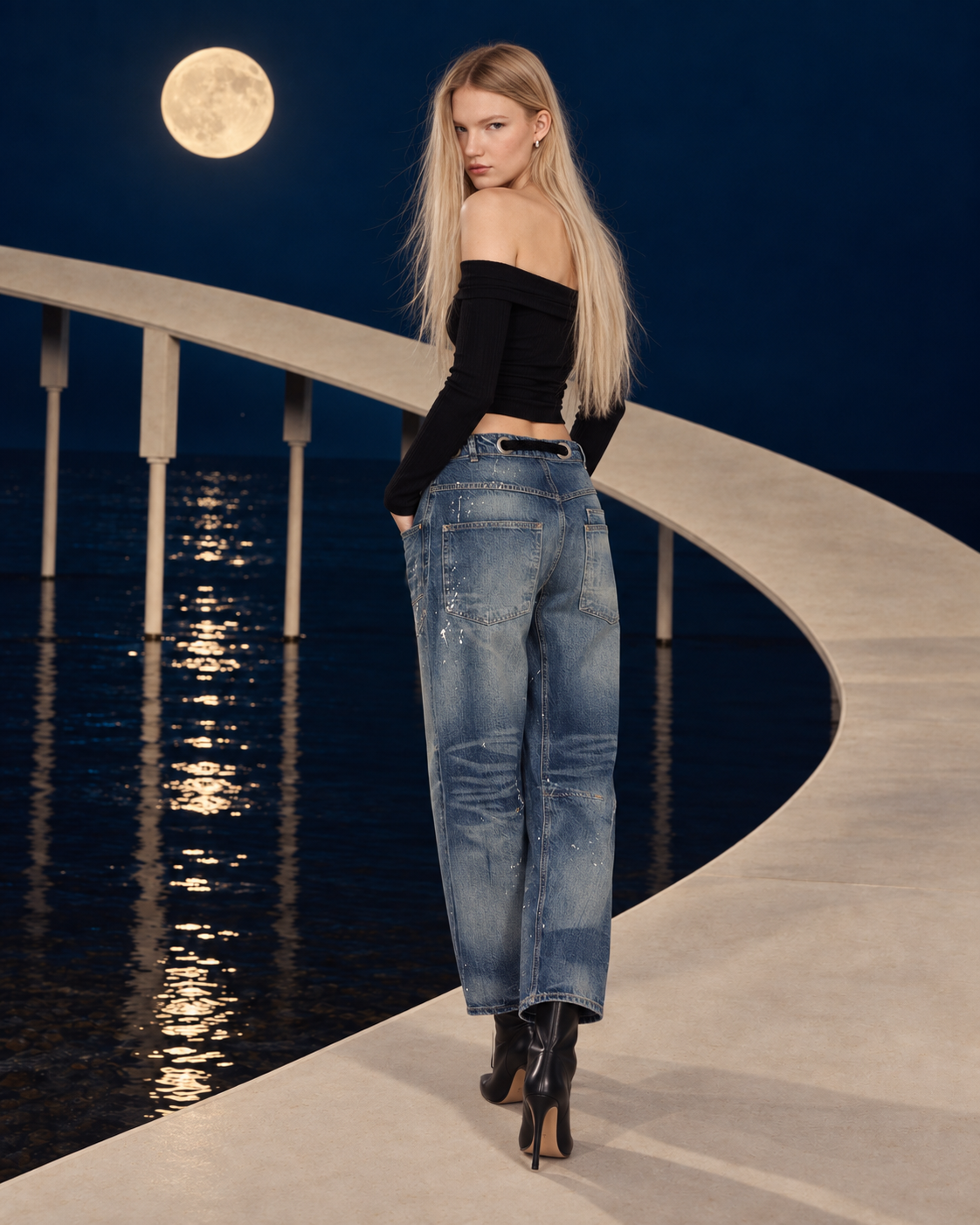 Moxie Low Slung Pull Jeans in Timeless Blue - back editorial view