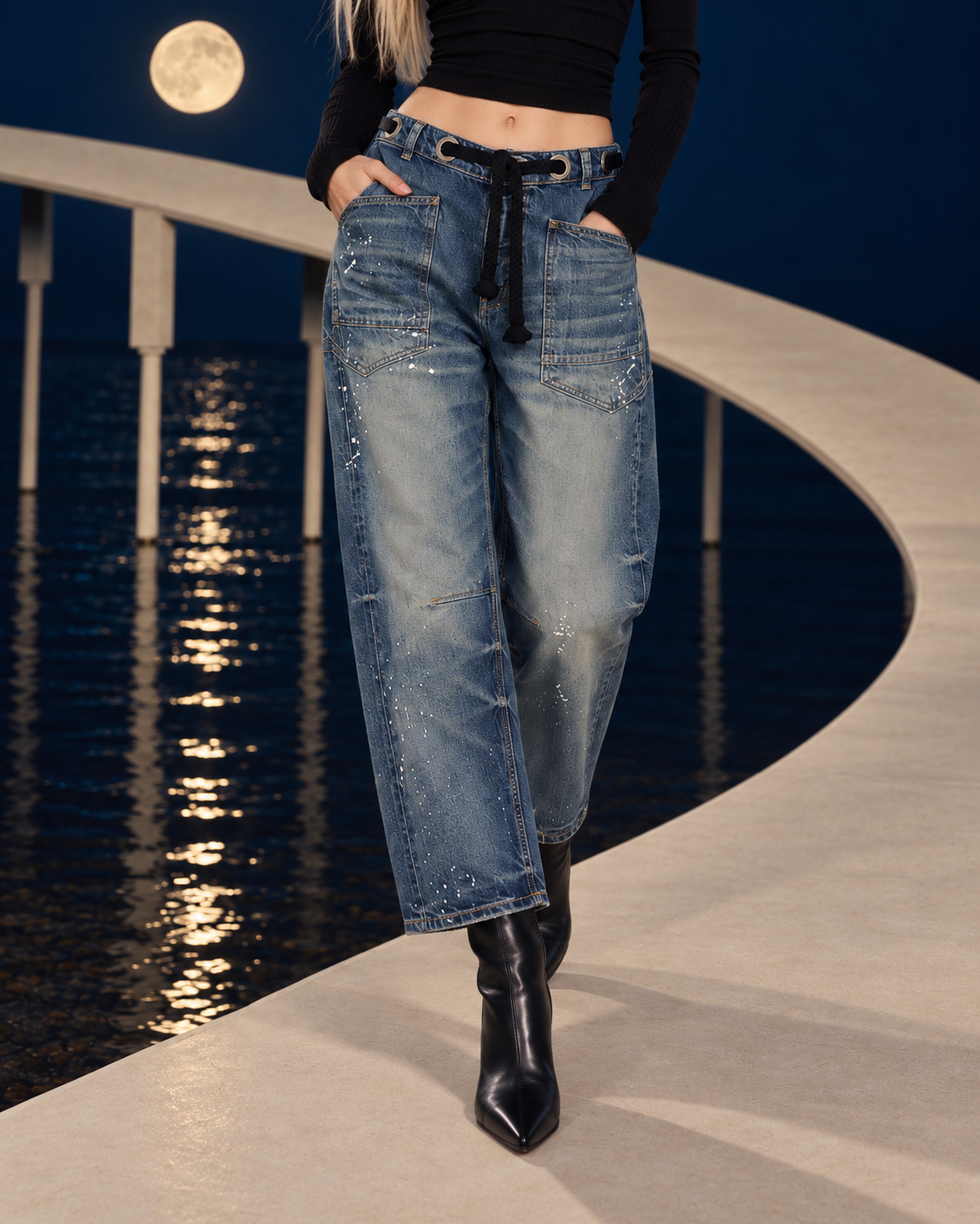 Moxie Low Slung Pull Jeans in Timeless Blue - front close-up