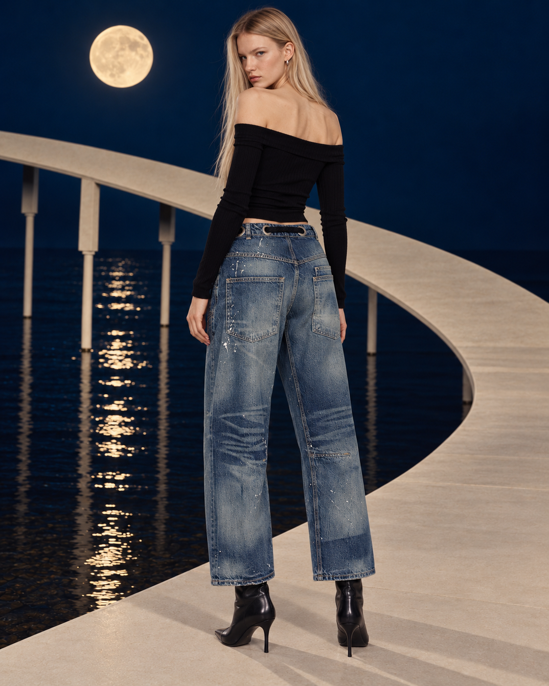 Moxie Low Slung Pull Jeans in Timeless Blue - back close-up