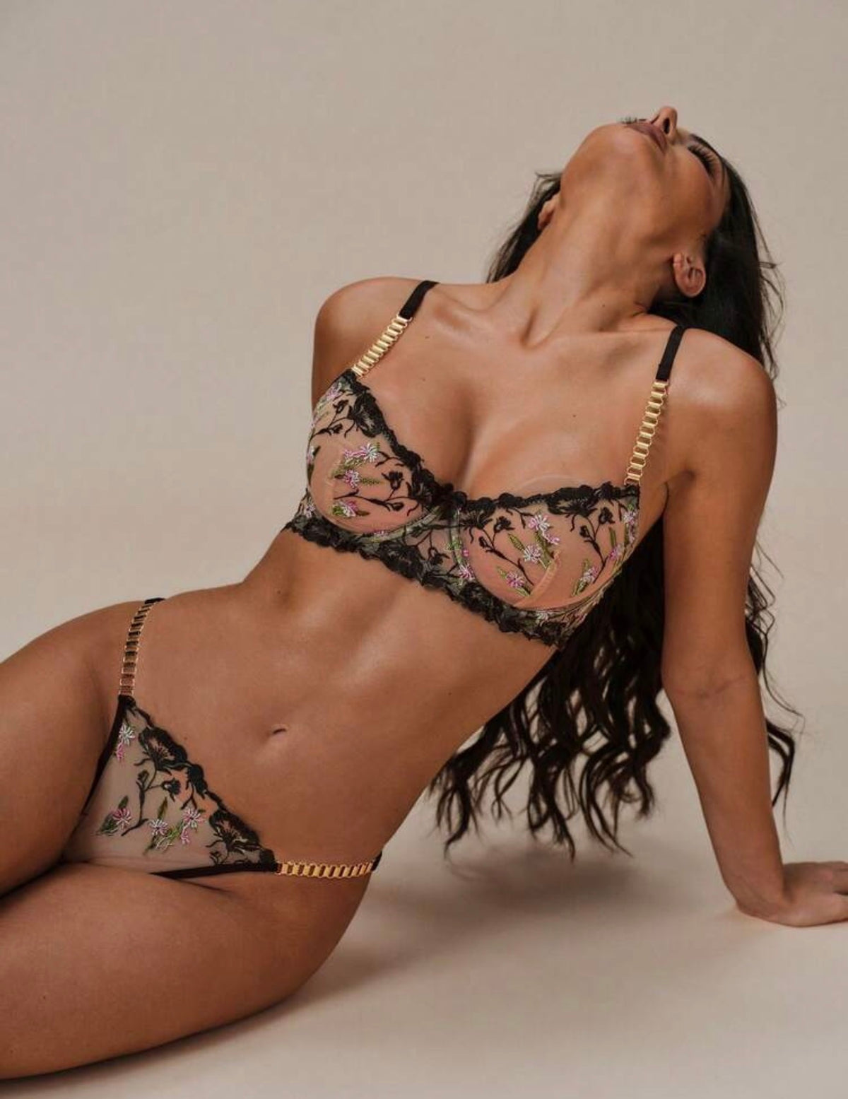 OTTO embroidered sheer lingerie set reclining pose