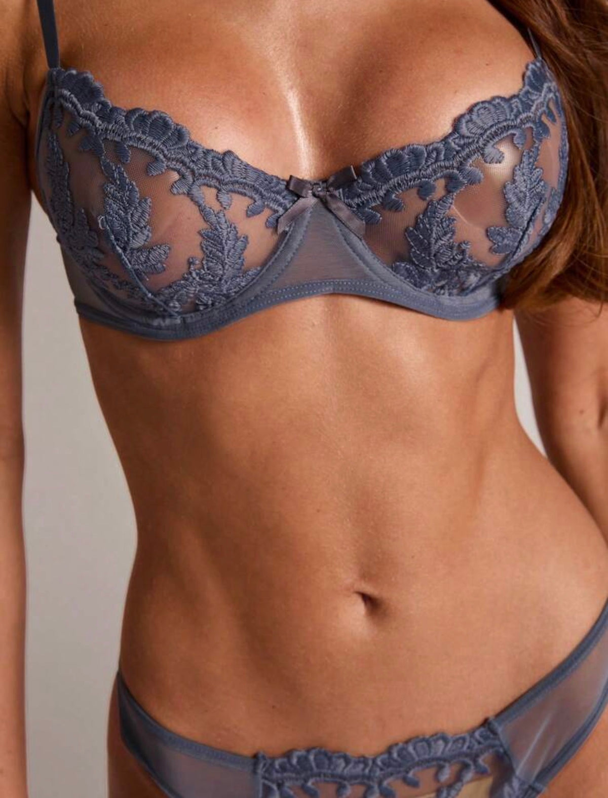 RENANYA blue embroidered lingerie set embroidery close-up