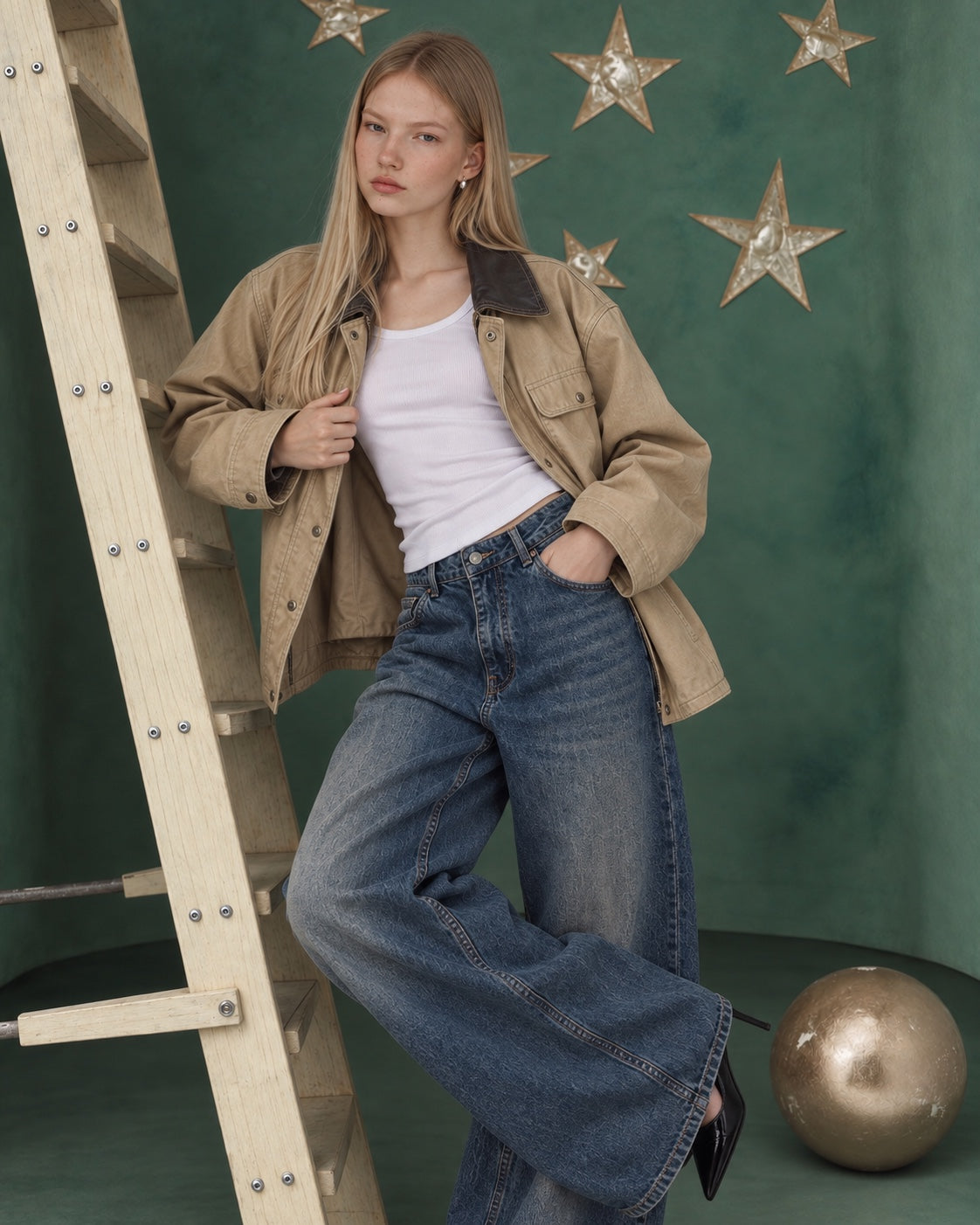 Sloane Vintage Baggy Jeans close editorial styling view