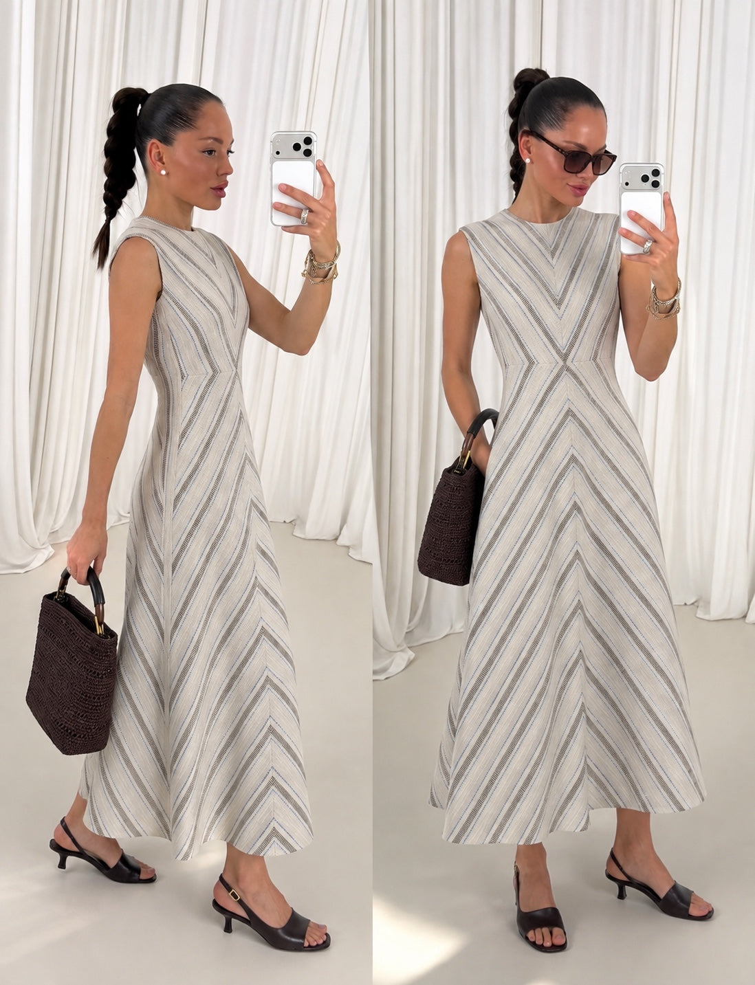 Textured stripe fit and flare midi dress alternate front views