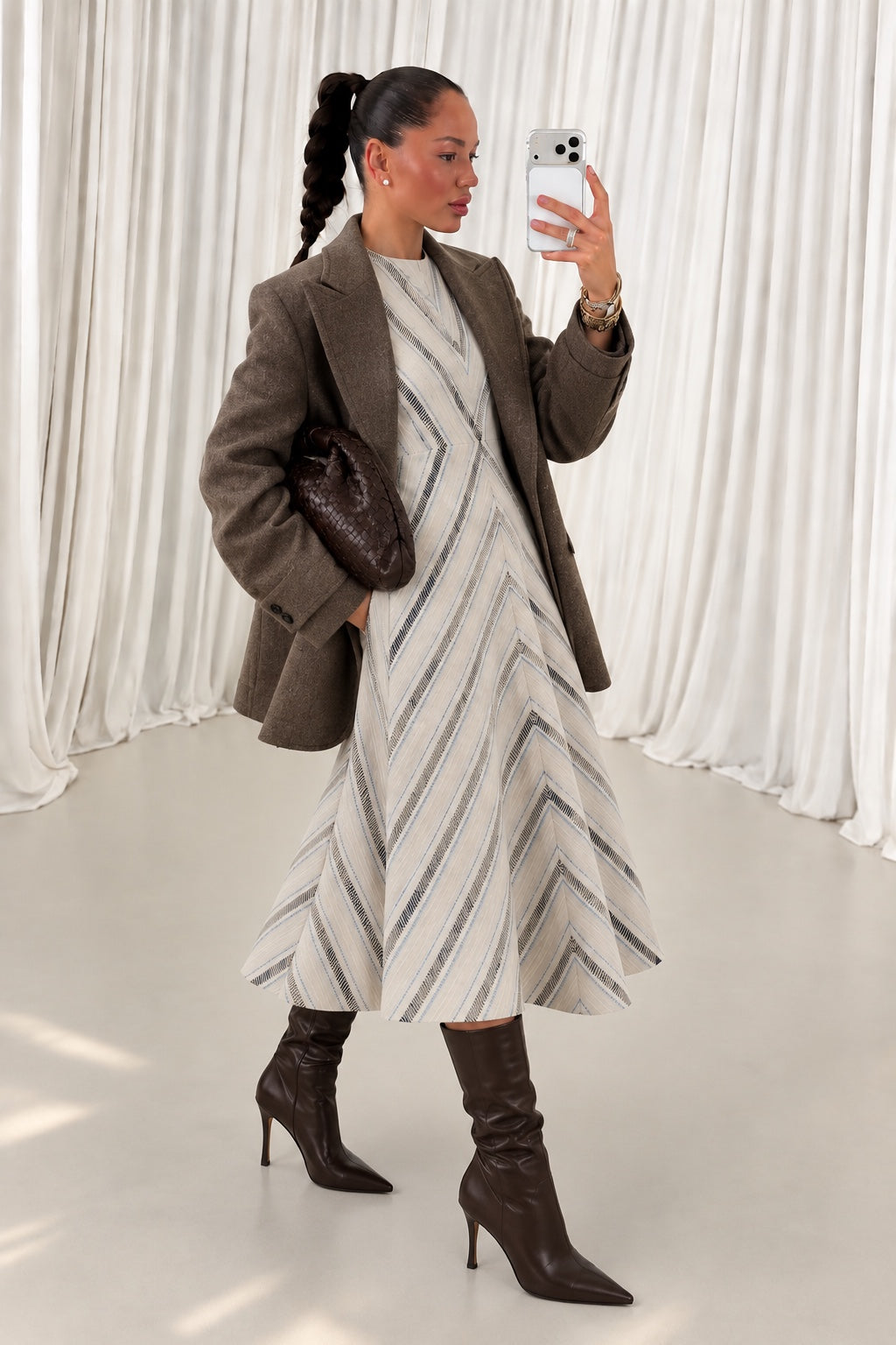 Textured stripe fit and flare midi dress styled with taupe blazer
