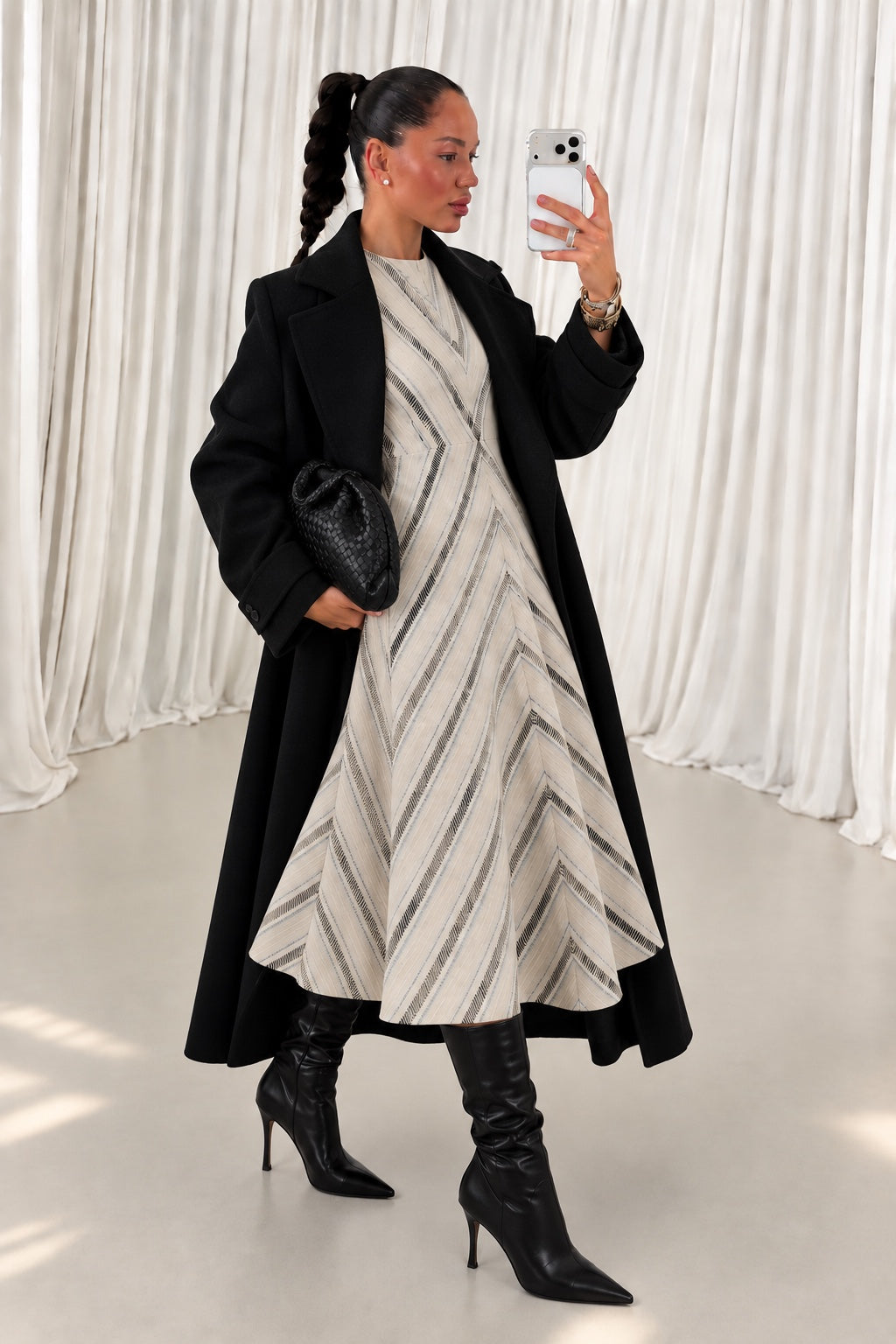Textured stripe fit and flare midi dress styled with black coat