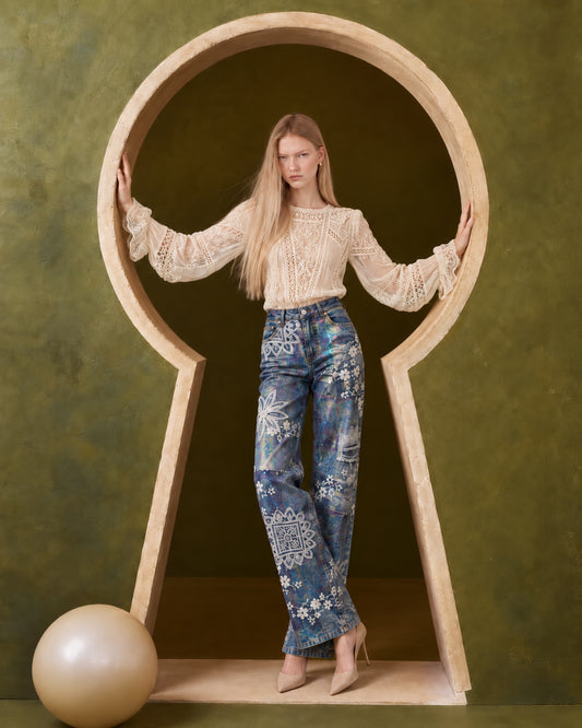 Tinsley printed jeans front editorial look
