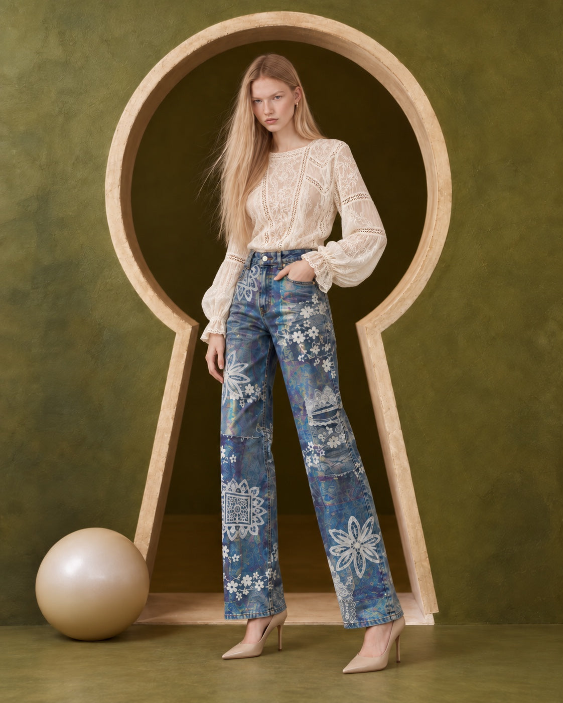 Tinsley printed jeans front three quarter view