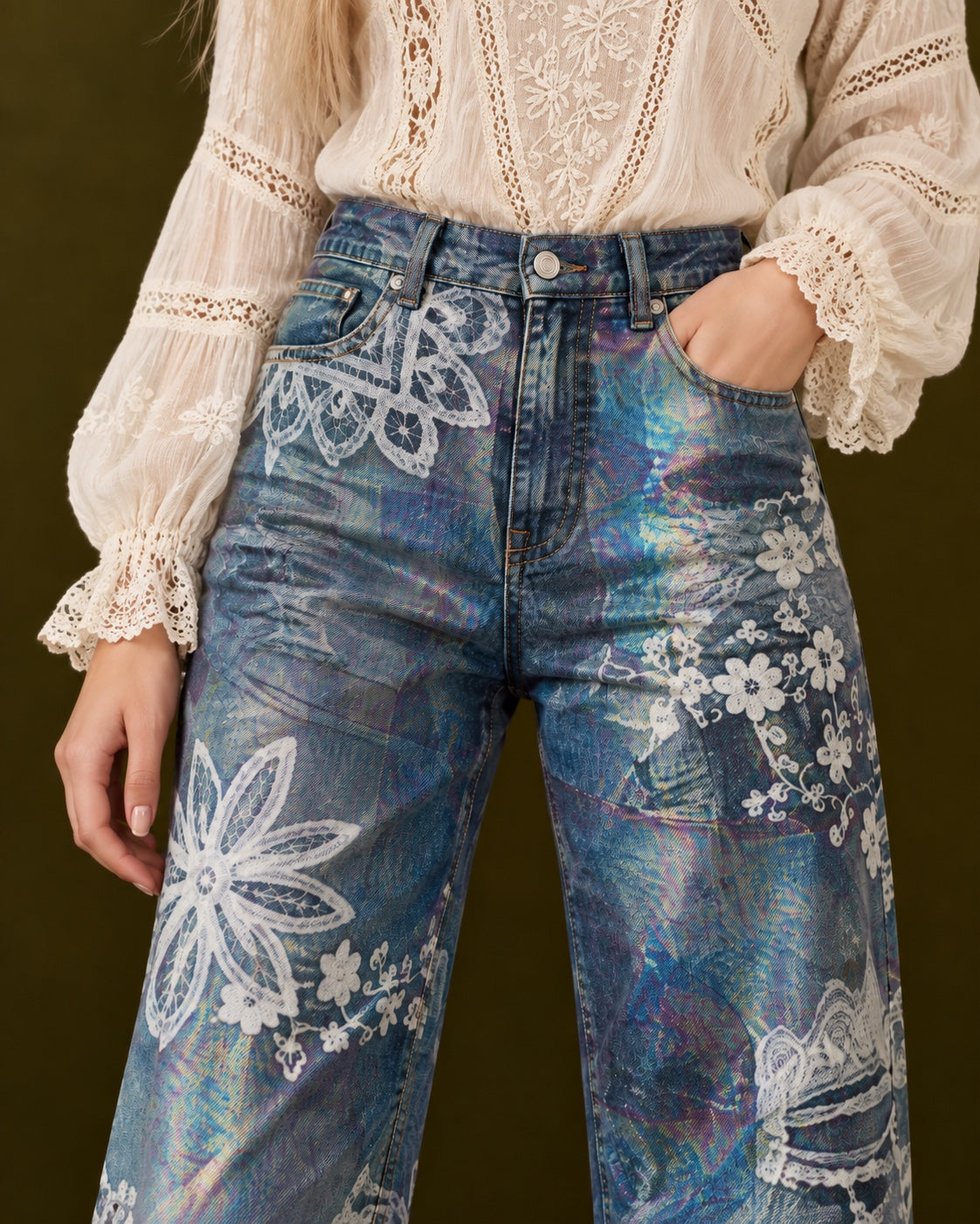 Tinsley printed jeans front waist and denim detail