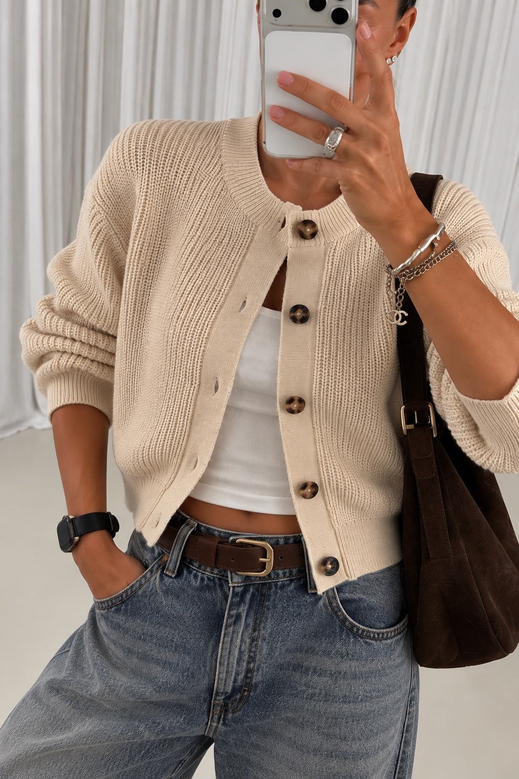 Vanilla cotton knit cardigan close-up