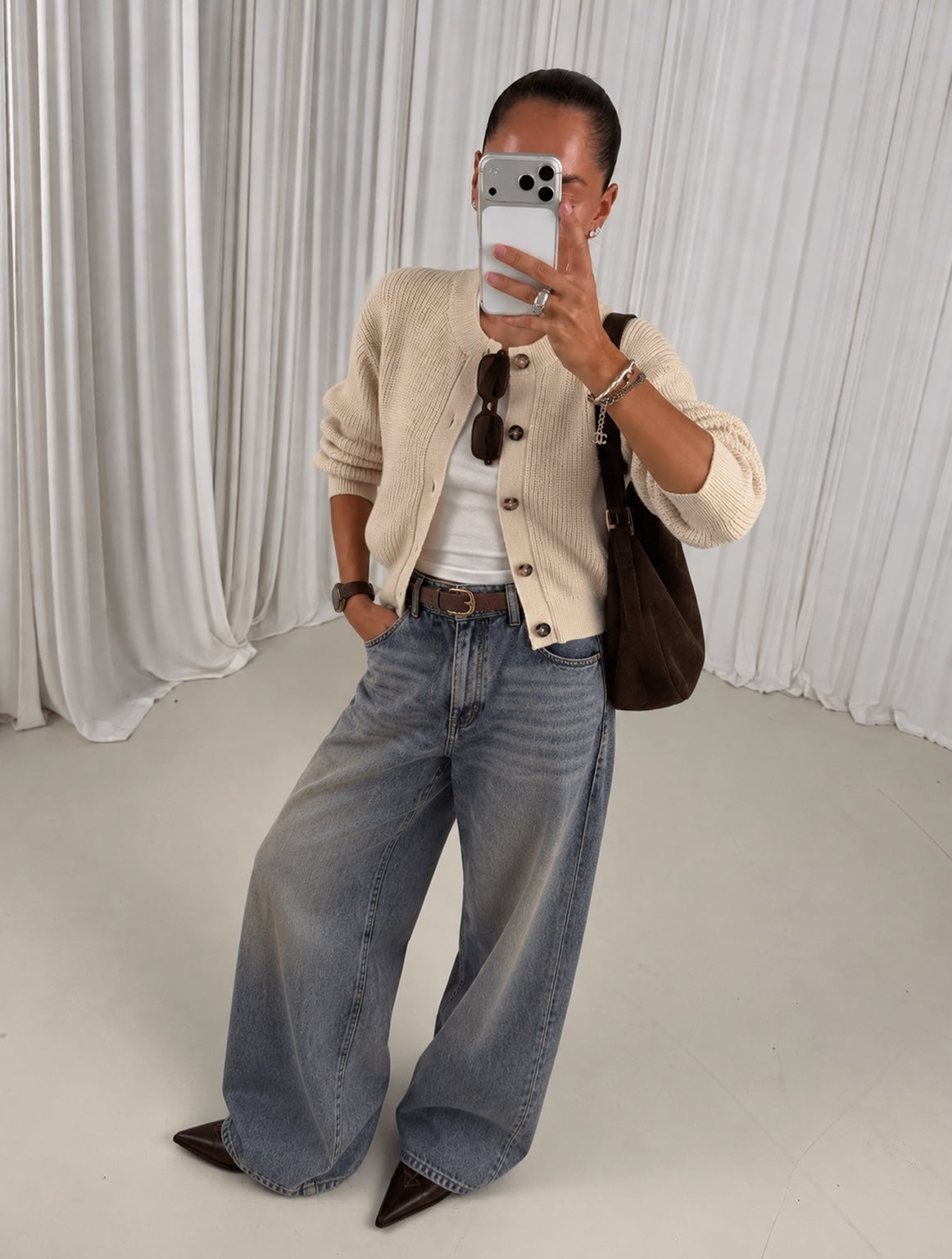 Vanilla cotton knit cardigan styled with denim