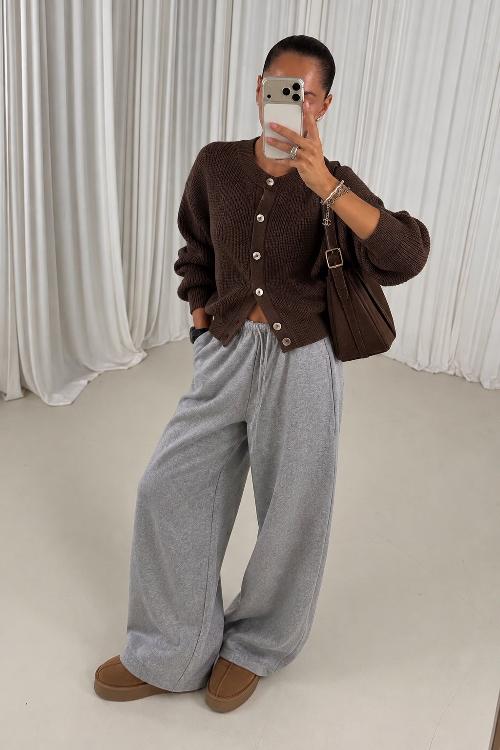 Chocolate brown cotton knit cardigan styled look