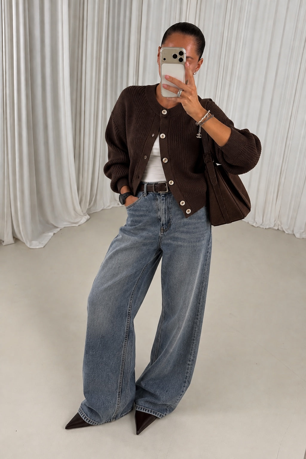 Chocolate brown cotton knit cardigan styled with denim