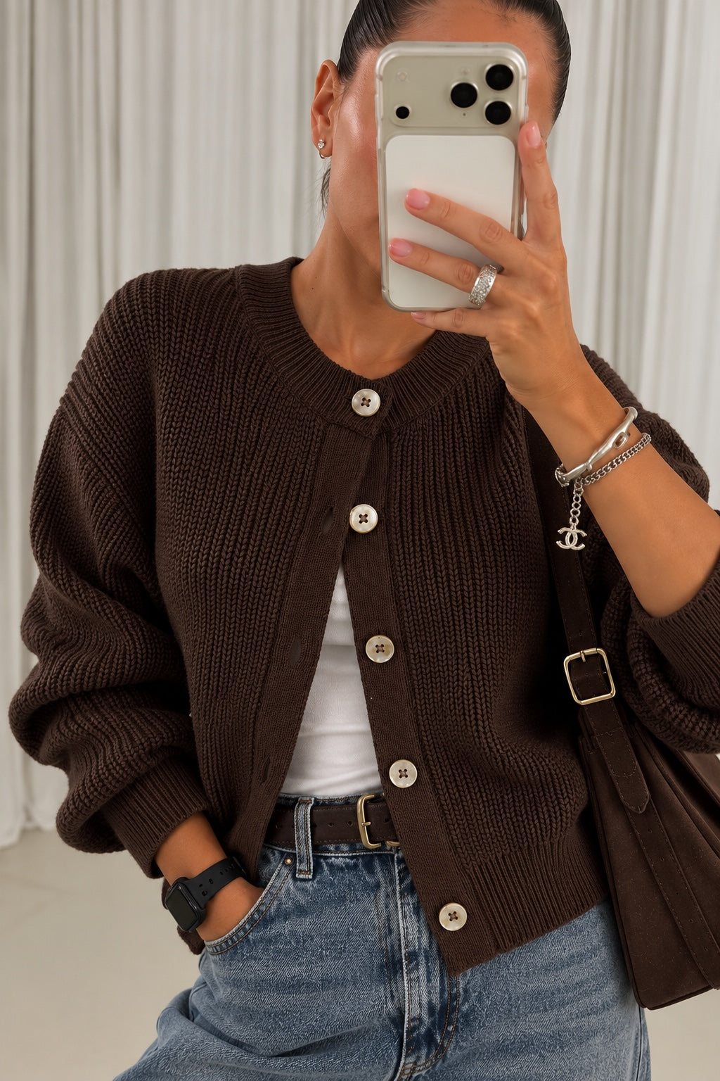 Chocolate brown cotton knit cardigan close-up