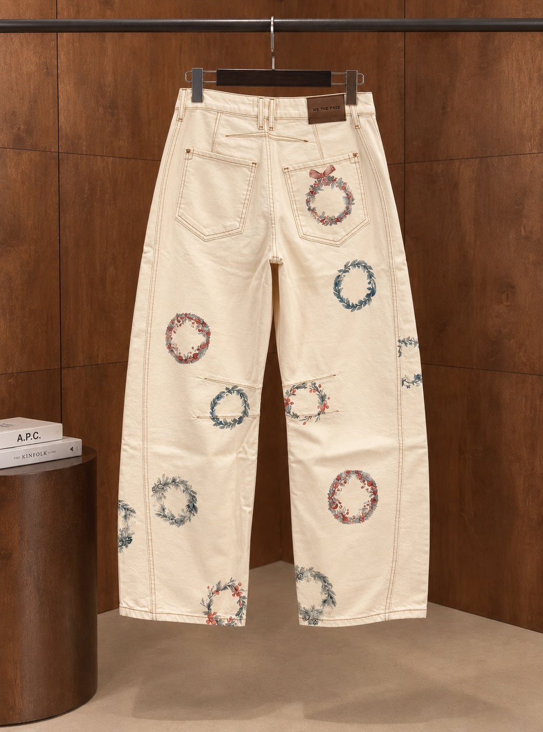 Cream wreath print barrel jeans back view