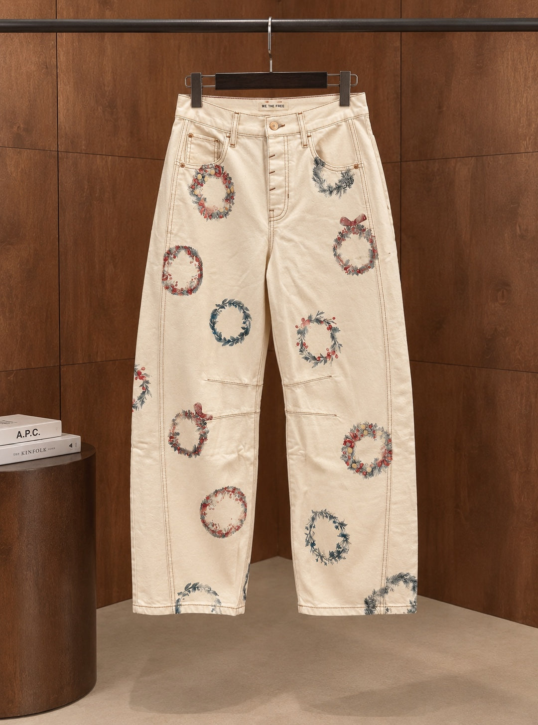 Cream wreath print barrel jeans front view