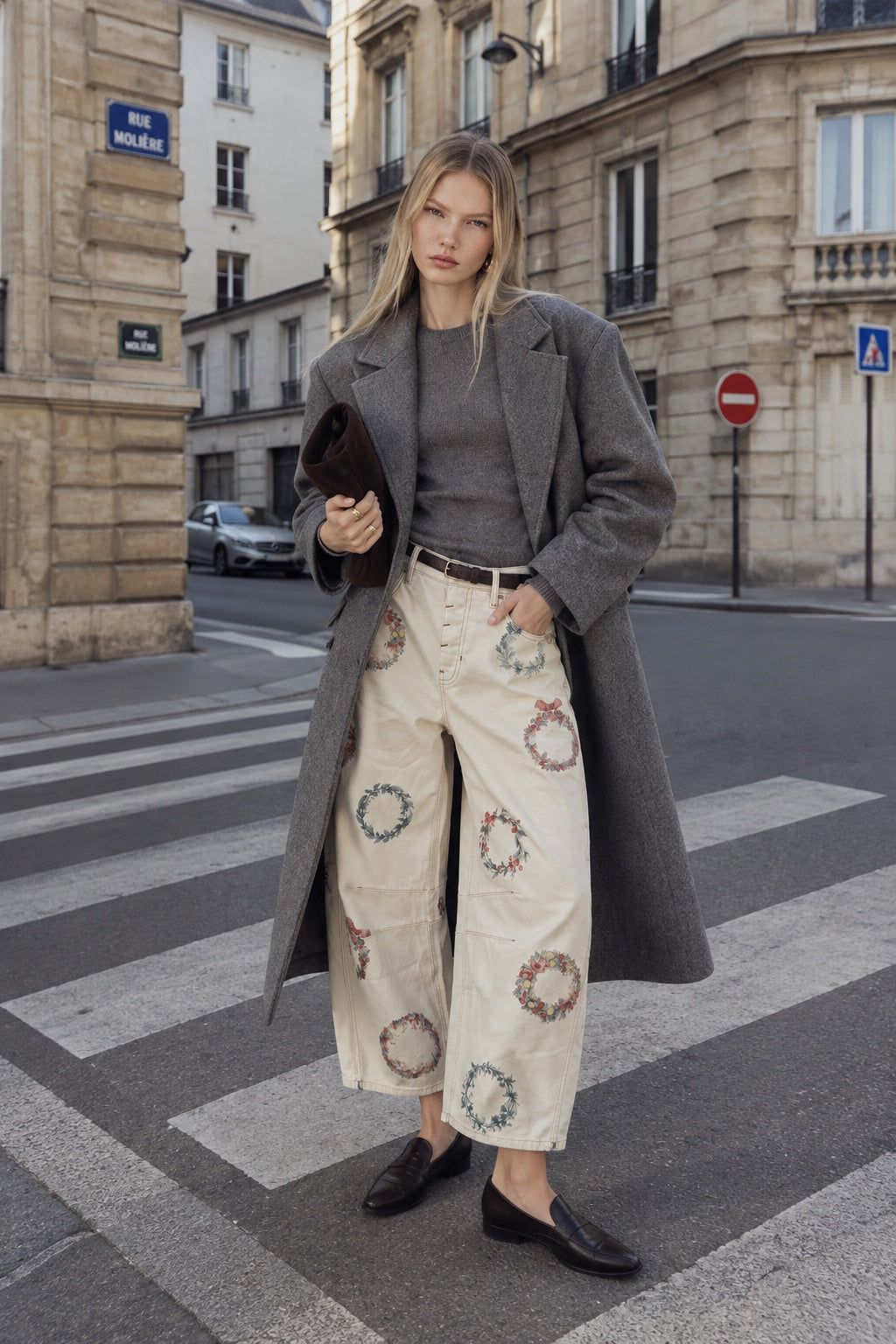 Cream wreath print barrel jeans styled with grey coat