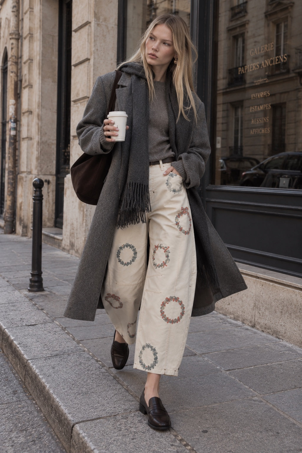 Cream wreath print barrel jeans autumn outfit